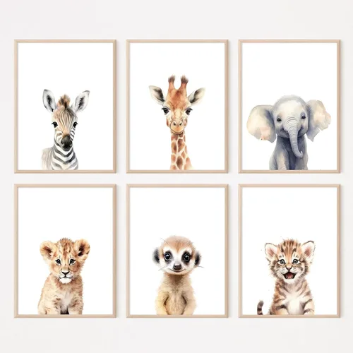 Vista 21 de Juego de 6 decoración de pared de animales marinos para guardería, lienzo de acuarela de océano, arte de pared para habitación de bebés y niños