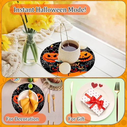 Vista 6 de Juego de 6 manteles individuales redondos de calabaza de Halloween, lavables, de piel de calabaza, juego de 6 manteles individuales para fiesta
