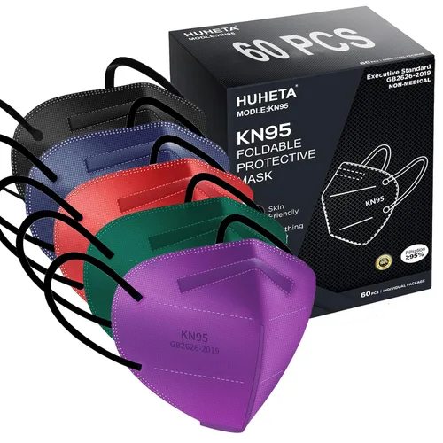 Vista 7 de HUHETA Mascarillas KN95 100 unidades, mascarillas KN95 protectoras transpirables de 5 capas para adultos envueltas individualmente, multicolor