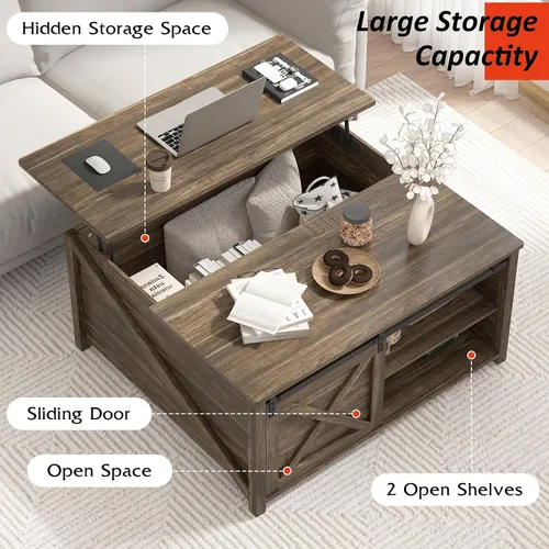 Vista 7 de PUKAMI Mesa de centro elevable con almacenamiento, mesa de centro de granja de 31.5 pulgadas para sala de estar, mesas de centro cuadradas con gran