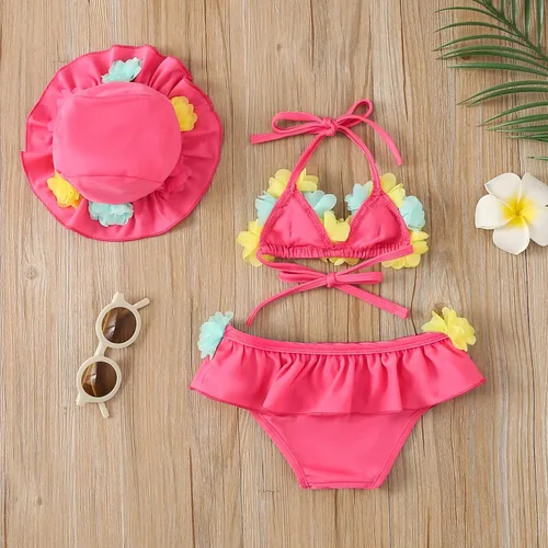Vista 5 de Yccutest Traje de baño de flores para bebé, 3 piezas, parte superior triangular, parte inferior con volantes, sombrero para el sol, conjunto