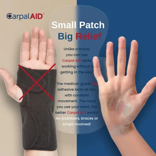 Vista 3 de CarpalAid Parche para alivio del túnel carpiano, tecnología revolucionaria patentada, adhesivo médico clínicamente probado que proporciona alivio