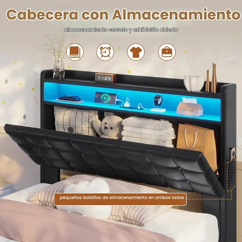 Vista 4 de ADORNEVE Marco de Cama Individual con Almacenamiento Elevable con Estación de Carga Tipo C y Cabecera con Almacenamiento Oculto, Cama de Plataforma