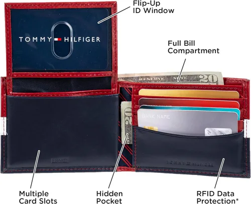 Vista 5 de Tommy Hilfiger Cartera Passcase para hombre con ventana de identificación removible Rojo/Azul marino