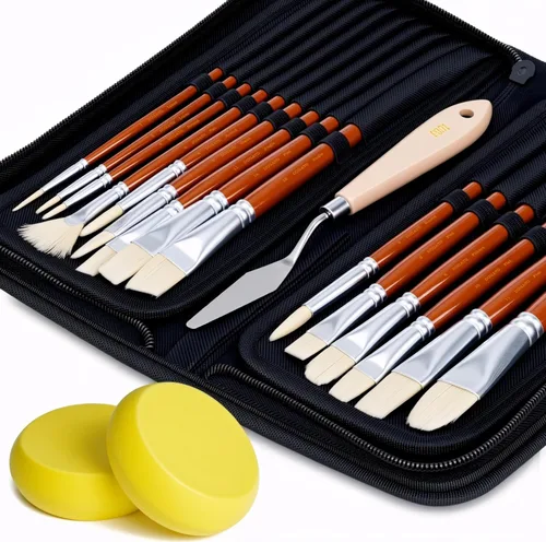 Vista 7 de DUGATO Juego de 15 pinceles para pintura artística con estuche emergente, cuchillo de paleta y esponjas, pelo de nailon para pintura acrílica, óleo