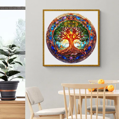 Vista 6 de Rompecabezas de madera para adultos - Rompecabezas de madera de árbol de la vida de vidrio manchado - Rompecabezas de madera con forma única