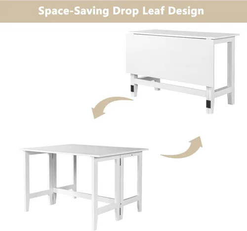 Vista 3 de Mesa de comedor extensible de madera de granja con hojas colgantes para lugares pequeños, color blanco TJ429