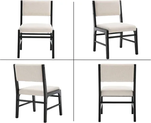 Vista 6 de HNY Juego de 2 sillas de comedor de lino beige con marco de madera negra, silla de cocina tapizada de tela moderna con respaldo rectangular, sillas
