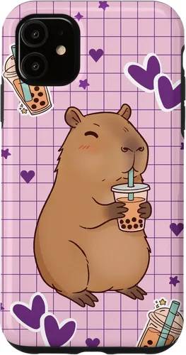 Vista 8 de Funda Kawaii Anime Capybara Beber Boba Bubble Tea Kids Girls para iPhone 17