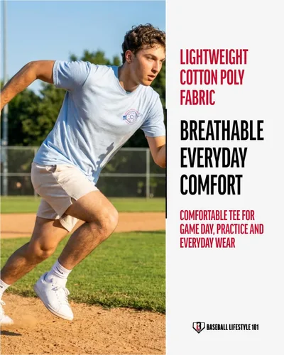 Vista 5 de Baseball Lifestyle 101 Camiseta de dona para hombre, color blanco, mezcla suave 60/40, transpirable, camiseta con costuras laterales, tallas
