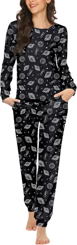 Vista 6 de Ekouaer - Conjunto de pijama de manga larga para mujer, ropa de dormir suave con cuello redondo y bolsillos, conjuntos de ropa de descanso Negro