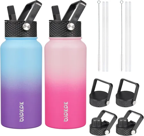 Vista 12 de BJPKPK Paquete de 2 botellas de agua aisladas con tapas con pajita, botella de agua de metal de acero inoxidable de 18oz con 6 tapas, jarras a