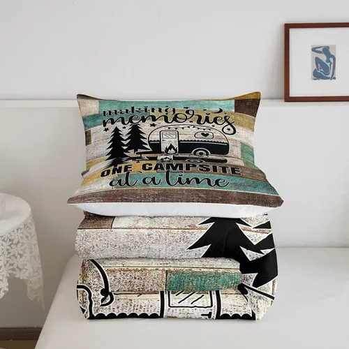 Vista 5 de Juego de ropa de cama con temática de cámper, juego de edredón de cabaña de madera marrón y verde, tamaño matrimonial, 3 piezas, decoración de Multi