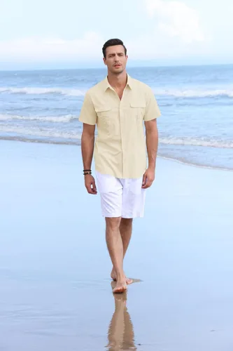 Vista 5 de Pengfei - Camisas lisas de manga corta para hombre, de linoalgodón, cuello clásico con botones