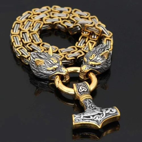 Vista 4 de QZY Viking Collar de acero de titanio sólido para hombre, cadena bizantina cuadrada de oro y plata con cabeza de lobo y colgante de martillo de Thor