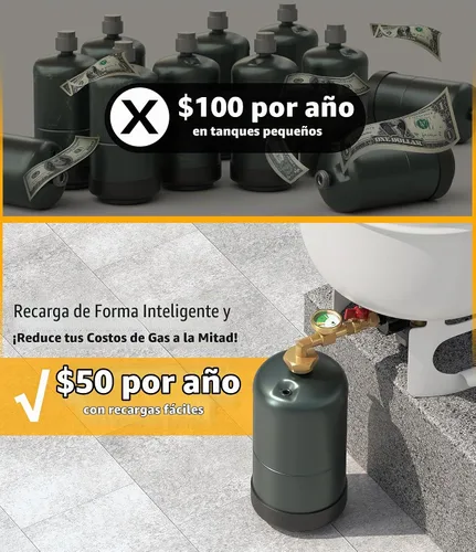 Vista 2 de HICOOI Adaptador de recarga de propano para tanques de 1 libra, con manómetro y válvula, codo de latón resistente de 90°, conector QCC1/Type1