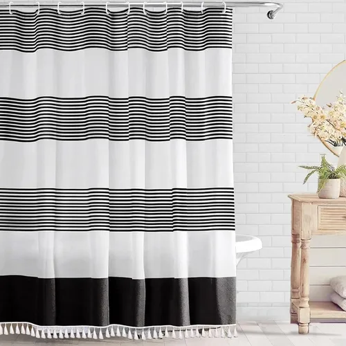Vista 11 de bufftieo Cortina de ducha en blanco y negro para baño con diseño bohemia a rayas, cortina de ducha de tela moderna con borlas estilo granjero - 54