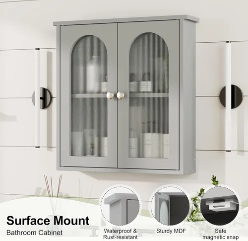 Vista 4 de Botiquín de baño de 22 x 23 pulgadas, gabinete de pared para baño con arqueado Gris