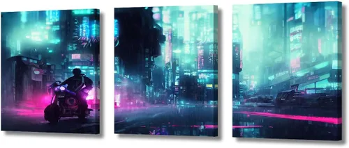 Vista 75 de Lienzo decorativo para pared de sala de estar, lienzo Cyberpunk, decoración de pared de 3 paneles, decoración de pared para el hogar, dormitorio