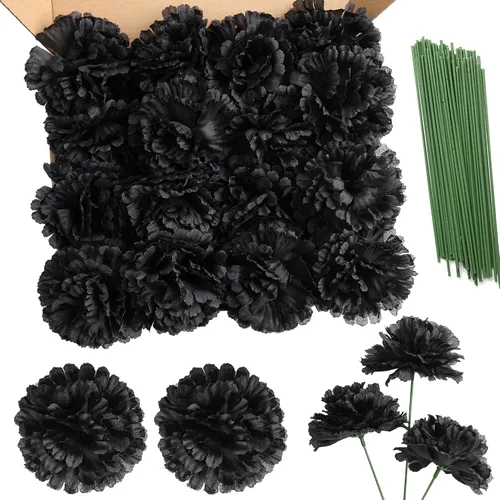 Vista 11 de Paquete de 50 palillos de clavel de seda artificial, cabezas de clavel de flores artificiales con tallos para bricolaje, ramos de boda, centros