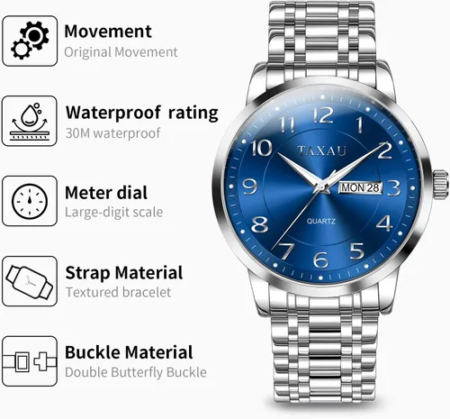 Vista 7 de Relojes de vestir para hombre, reloj analógico impermeable con fecha de día, reloj de pulsera de acero inoxidable de lujo con números arábigos