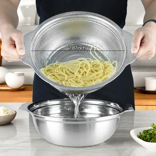 Vista 2 de Colador de acero inoxidable para cocina, colador de arroz de 2.5 cuartos con tazón para mezclar, juego de cuencos coladores con microporoso
