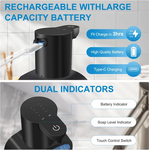 Vista 3 de Dispensador Automático de Jabón Líquido con Capacidad de 500ml / 17oz, Dispensador de Jabón Sin Tocar con Ajuste de 4 Niveles, Recargable, Montado