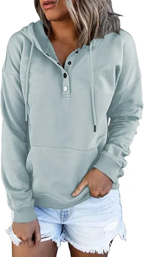 Vista 16 de NEYOUQE Sudaderas de moda para mujer, para otoño e invierno, con botones de un cuarto, sudaderas casuales de moda con cuello redondo