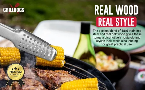 Vista 5 de Pinzas para barbacoa de acero inoxidable 18/0 de 9 pulgadas con mango ergonómico de madera de roble real para cocinar, accesorio duradero
