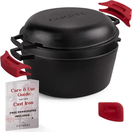 Vista 13 de Cuisinel Horno Holandés de Hierro Fundido - Olla Profunda de 3 Cuartos - Multicocina 2 en 1 Presazonada - Tapa Combinada que Funciona como Sartén