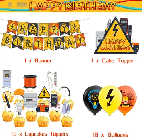 Vista 2 de Decoraciones de fiesta de electricista, electricista, liniero, decoraciones temáticas incluye pancarta de feliz cumpleaños, decoración de tartas