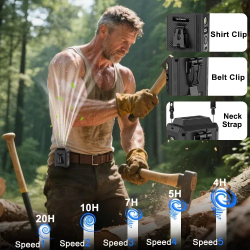 Vista 4 de CAZOKASI Ventilador de clip de cintura portátil con soporte de escritorio de iluminación, 16000 rpm, tiempo de funcionamiento hasta 20 horas
