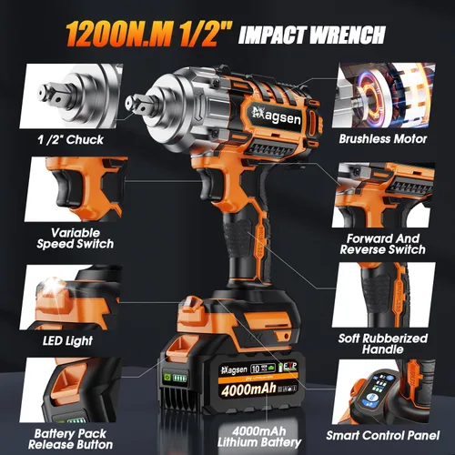 Vista 8 de Llave de impacto inalámbrica de 1/2 pulgada, pistola de impacto de alto par sin escobillas de 900 pies-libras (1200 N.m), 3800 RPM, 3 velocidades