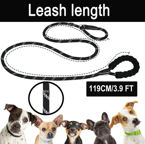 Vista 5 de Correa para perro de 3.9 pies, duradera, de alta calidad, resistente, con mango acolchado cómodo e hilos altamente reflectantes para perros Negro