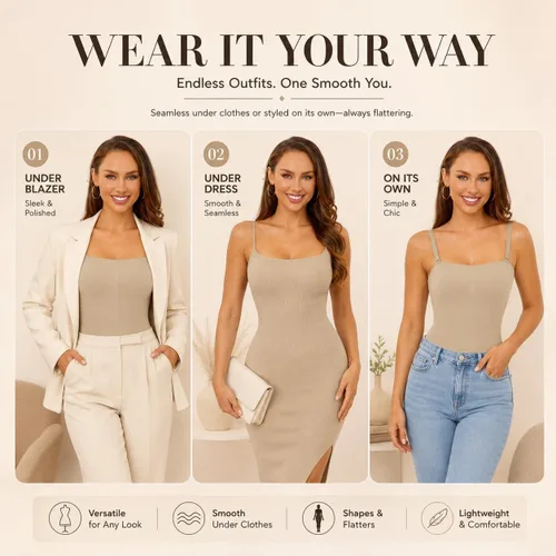 Vista 5 de Body sin tirantes para mujer, traje de tanga con control de abdomen Beige