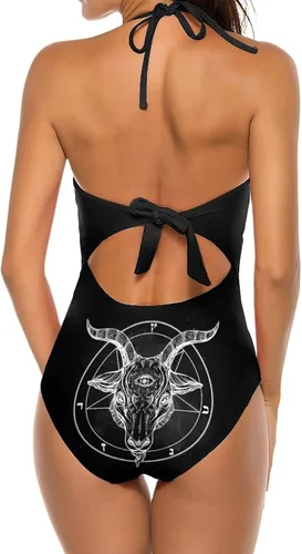 Vista 3 de Pentagrama con Demon Baphomet Satanic Goat Printed - Traje de baño de una pieza con cuello en V para mujer