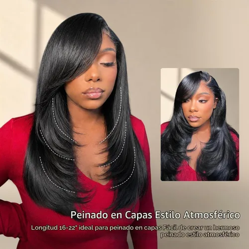 Vista 4 de Hermosa Pelucas de cabello humano lacio con encaje frontal HD de 13 x 6 Negro