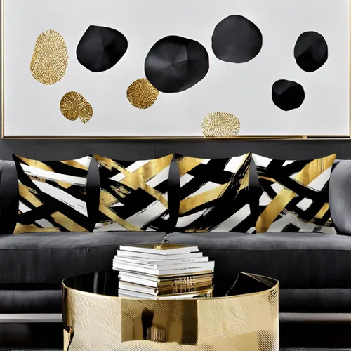 Vista 4 de Juego de 4 fundas de almohada negras y doradas, fundas de almohada de 18 x 18 pulgadas, almohadas geométricas abstractas a rayas para decoración