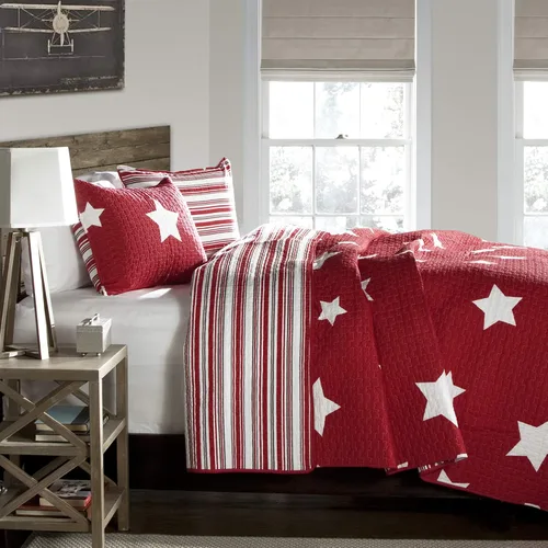 Vista 2 de Lush Decor Edredón de estrellas – Juego de ropa de cama reversible de 2 piezas con patrón a rayas con funda de almohada – Full/Queen – Azul marino