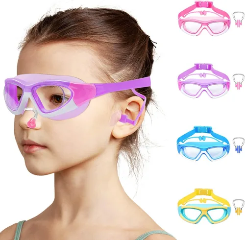 Vista 12 de Vvinca Gafas de natación para niños de 3 a 12 años, diseño mejorado 2024 con tapón para la oreja y la nariz, visión amplia, antivaho sin fugas