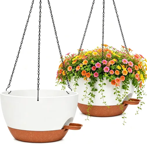 Vista 10 de Macetas colgantes de 10 pulgadas con cadenas, juego de 2, macetas auto-regables de plástico negro para plantas de interior y exterior, decoración