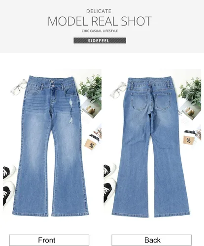 Vista 7 de Sidefeel Pantalones de mezclilla acampanados destruidos de cintura alta para mujer