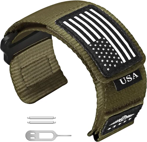Vista 10 de Abanen Correa Táctica de Nylon Resistente para Garmin Instinct 3 45mm/ Instinct 2 Solar, Correa Deportiva con Bandera de Estrellas y Rayas para Negro