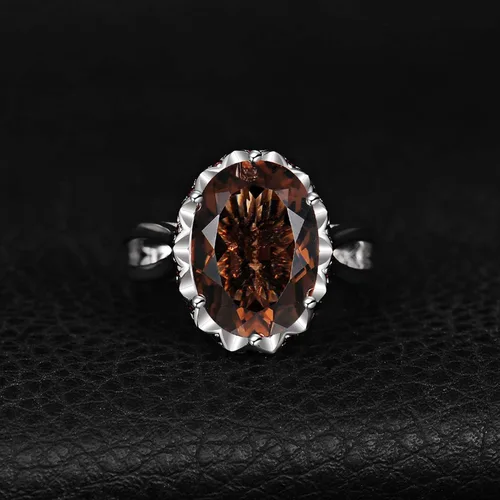 Vista 3 de JewelryPalace Anillos de cóctel ovalados enormes de cuarzo ahumado genuino de 5.7 quilates para ella, anillo de plata de ley 925 chapado en oro