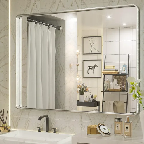 Vista 40 de Espejo de marco dorado cepillado de 16 x 24 pulgadas, espejo de tocador de baño de latón dorado para pared, espejo enmarcado rectangular de esquina