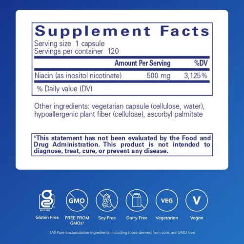 Vista 2 de Pure Encapsulations Niacitol 500 mg Niacina hipoalergénica sin enjuague para apoyar la digestión, la síntesis hormonal y la formación de tejidos*