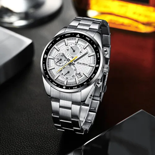 Vista 3 de Relojes de pulsera para hombre, cronógrafo, casual, de cuarzo, con correa de acero inoxidable, impermeable, taquímetro, fecha