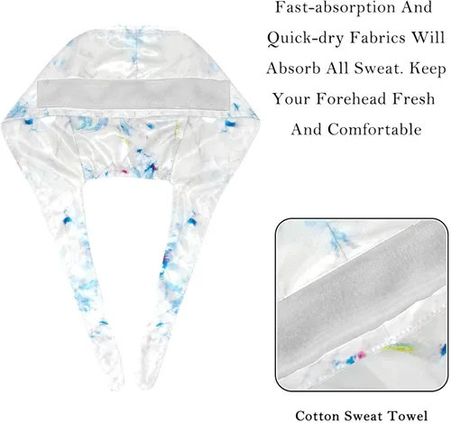 Vista 4 de 2 Pcs Adjustable Working Cap with Button, Cotton Working Hat Sweatband, Elastic Bandage Tie Back Hats for Women & Men, Unreal Watercolor Marble