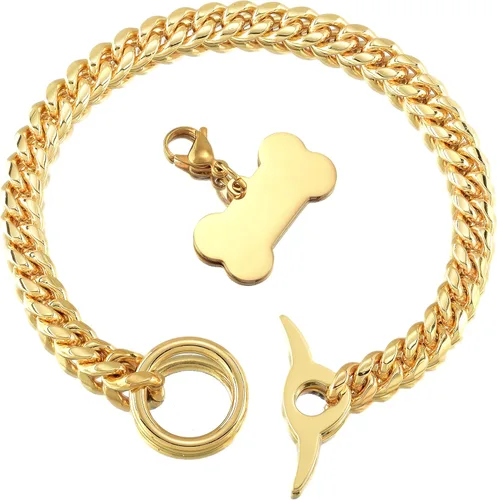 Vista 2 de Collar de cadena para perro de 18 quilates, cadena de eslabones cubanos de 0.394 in, fuerte, resistente, a prueba de mordidas, ajustable, con cierre