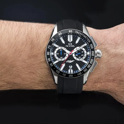 Vista 5 de TW Steel Yamaha Factory Racing Unisex Quartz Watch with Black Dial Chronograph Display and Black Rubber Strap